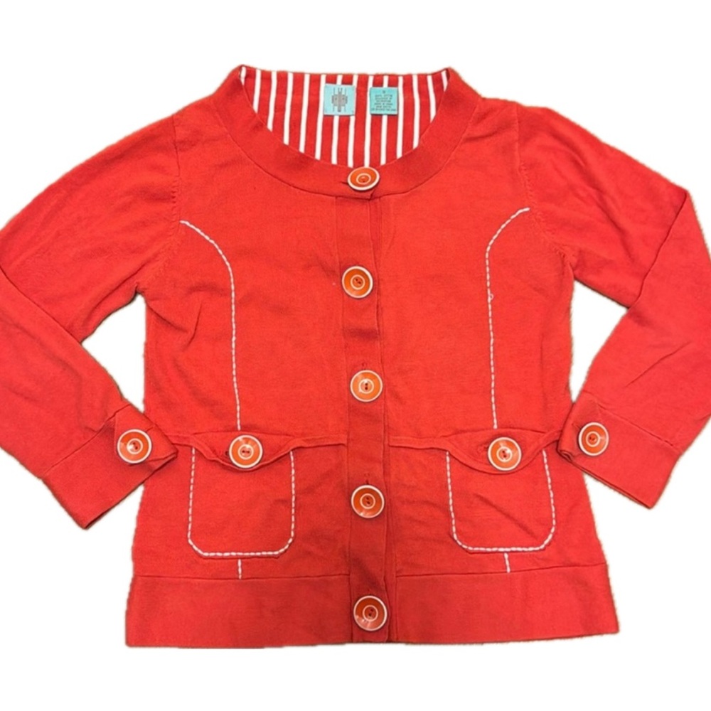 Anthropologie HWR Monogram Red Contrast Button Cardigan Sweater Pockets